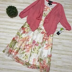 NWT Pink Green Floral Dress Cardigan Set Long Modest Midi Women’s Size‎ Small